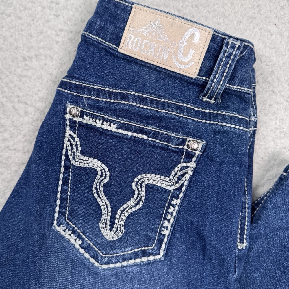 Rockin' C Jeans Womens 26x32 Bootcut Embroidered Thick Stitch Western Blue Denim